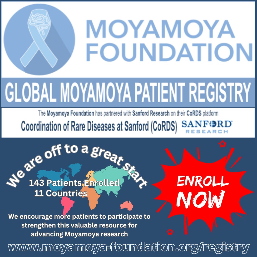 We are off to a great start, with 143 patients enrolled since our launch in Dec 22, 2024. We encourage more patients to participate to strengthen this valuable resource for advancing Moyamoya research. Enroll now: cords.sanfordresearch.org/activation-form

FAQ: bit.ly/3DtQoKk