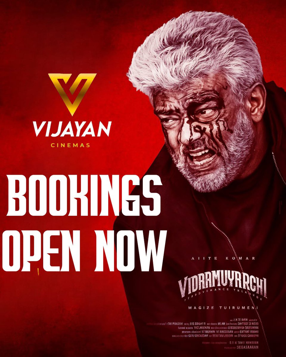 SKMA81's tweet photo. Few Tickets only for the FDFS available at the counter!!! Hurry up &amp; grab your tickets 🎟️ 
#VidaamuyarchiFDFS @ 9Am in your @vijayancinemas 🎈🔥

For regular show book via online @lifeindistrict &amp; counter 

For ticket enquiry - 9789432737

#VidaaMuyarchiFestival 
#VidaaMuyarachi https://t.co/XCMGNtACtd