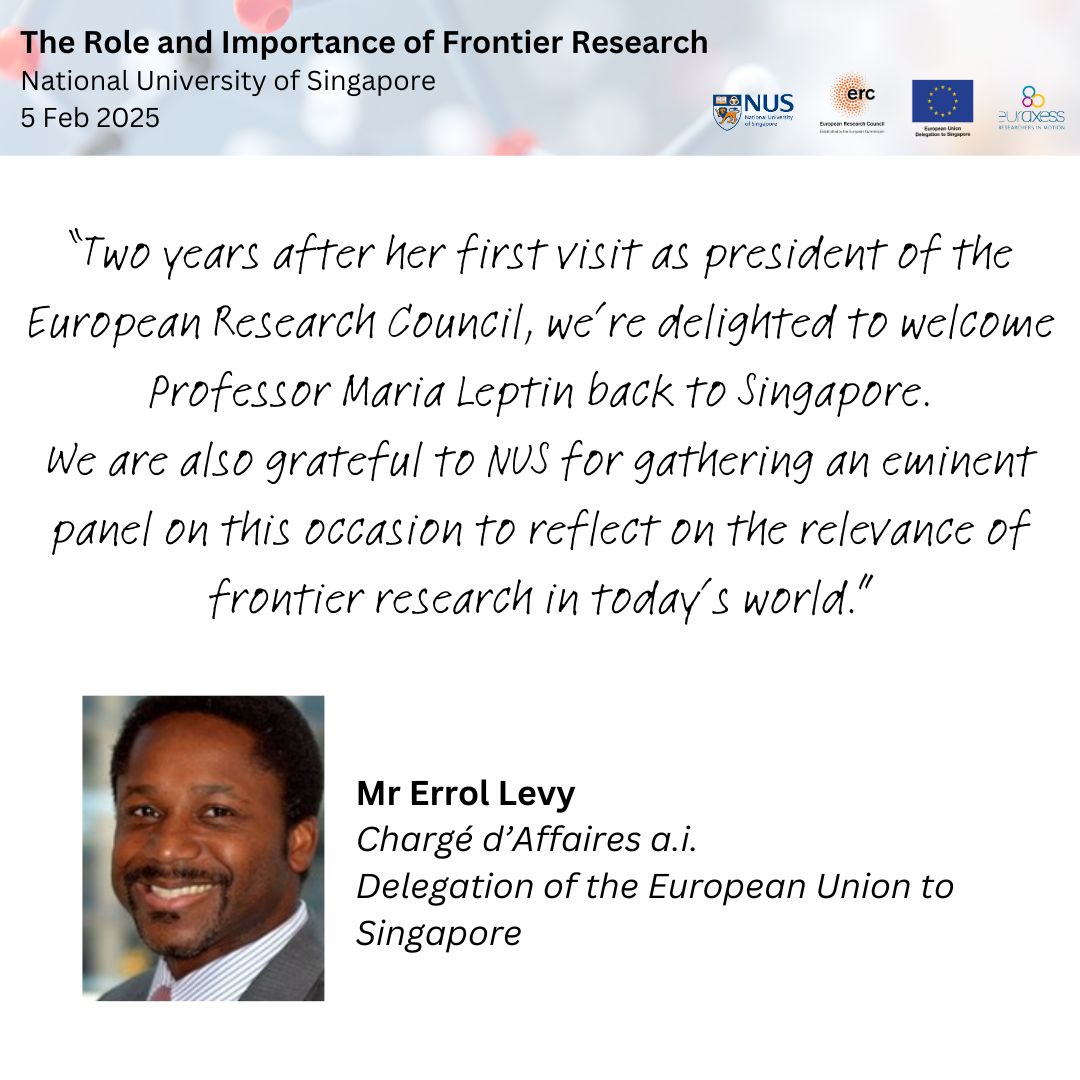 EuraxessASEAN's tweet photo. Today's event on #FrontierResearch will be opened by Prof Tan Eng Chye, President, @NUSingapore, and Mr Errol Levy, Chargé d’Affaires a.i., @EUinSingapore.

🇸🇬 ➕🇪🇺🟰 🤝

#HorizonEurope #Singapore #Europe #researchcooperation https://t.co/w9e822CXw6