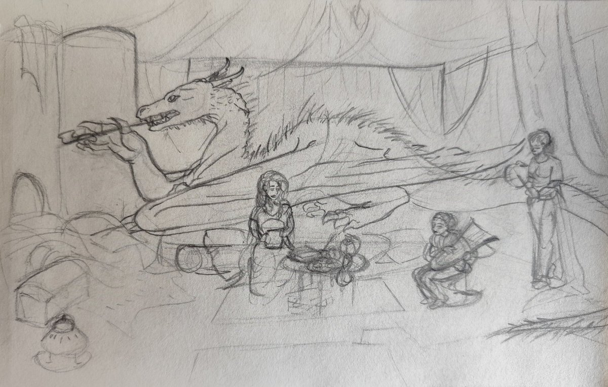JayButNotABird's tweet photo. Sketch for a painting based on an original story and characters of mine. The dragón in this is LadyDragon Glidine, the girl sitting in front of her is her intérpreter.
#art #drawing #sketch #painting #fantasy #writing #novels #dragons #magic #ocart #fantasyocs https://t.co/BY66qEDpbu