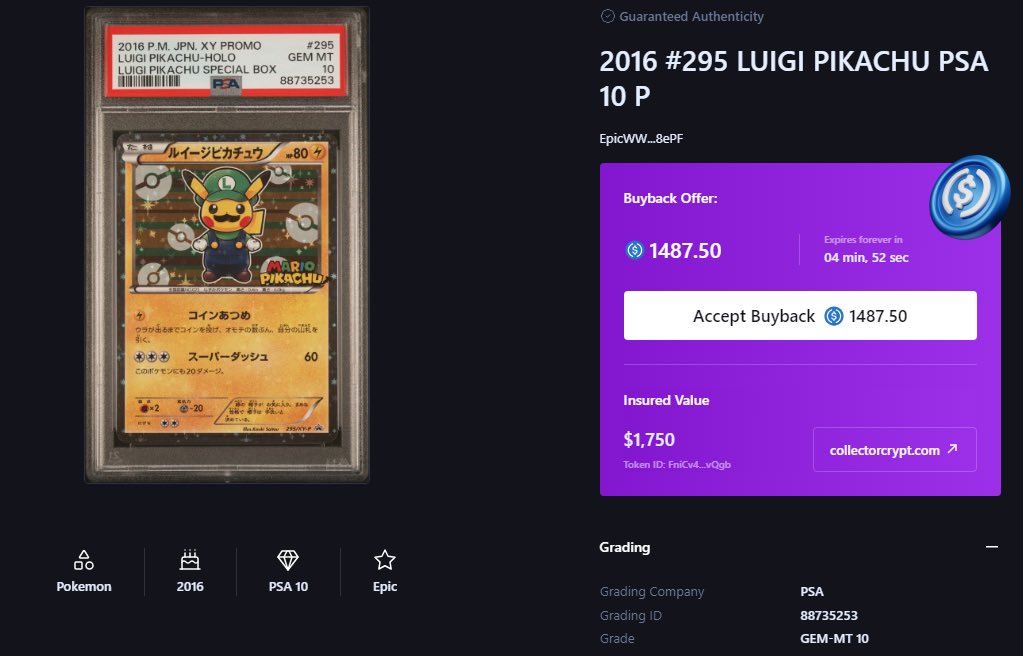 You pay $50 to spin our Gacha 🎰

You pull this PSA 10 Luigi Pikachu, are you taking the $1,487 buyback? 🔄

🔗 gacha.collectorcrypt.com