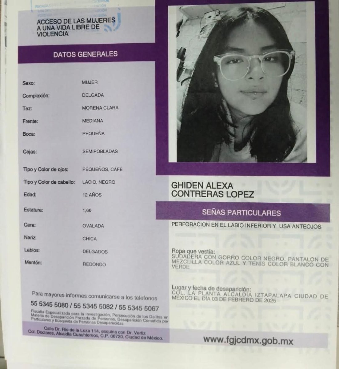 🛑🛑¡¡¡URGENTE!!!🛑🛑📢

Hermanos, hermanas, llamamos de forma urgente a compartir la siguiente información y a estar atentos en la medida de sus posibilidades:

Ghiden Alexa Contreras López, de 12 años de edad, compañera perteneciente a la comunidad de Xochitlanezi.