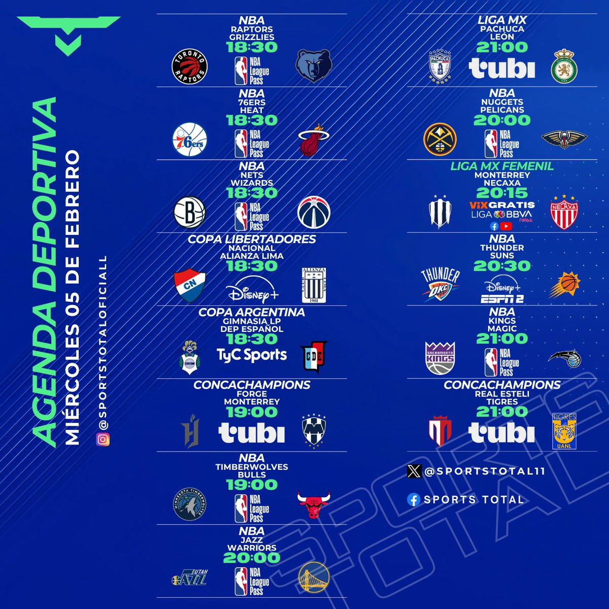 SportsTOTAL11's tweet photo. Esto es lo que tendremos en la agenda del día de este #ombliguitodelasemana
.
#SportsTotal #LaCasaDelFutbol #AgendaFutbolera #LigaBBVAMX
#TransmisionEnVivo #AgendaDeportiva #NFL #AgendaFutbolistica https://t.co/K0JMOf5E6i