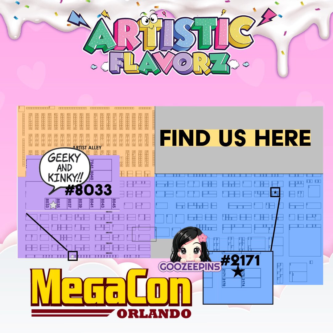"Hey everyone! 🚨 We're excited to let you know that you can find us at booth #1148 &amp; #1144 for <a href="/Viciouskill/">Viciouskill</a> ! 🎯👀 Swing by and check out what we're working on—it's going to be epic!
Also, don't forget to stop by our friends at <a href="/GoozeePins/">Goozee Pins</a> #2171 and <a href="/GeekyAndKinkyCo/">Geeky And Kinky Pins</a> #8033.