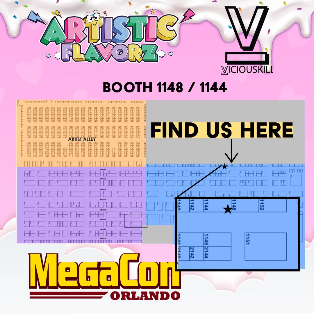 artisticflavorz's tweet photo. "Hey everyone! 🚨 We're excited to let you know that you can find us at booth #1148 & #1144 for @Viciouskill ! 🎯👀 Swing by and check out what we're working on—it's going to be epic!
Also, don't forget to stop by our friends at @GoozeePins #2171 and @GeekyAndKinkyCo #8033. They've got some amazing stuff you won't want to miss!
Come check us out and let's make this event unforgettable! 💥✨
#ConventionFun #SupportArtists #WeekendVibes" @MegaConOrlando