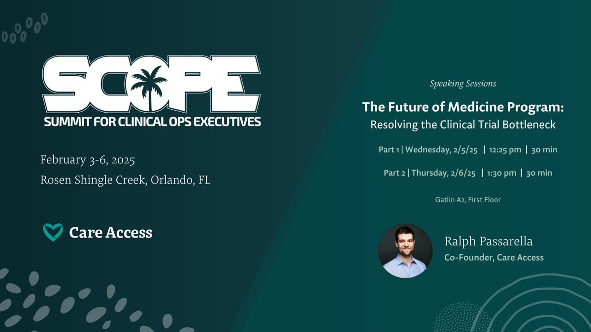 Care Access (@care_access_) on Twitter photo Updated News: Care Access Co-Founder, Ralph Passarella, will now be presenting twice at <a href="/SCOPEsummit/">SCOPE Summit</a>:
The Future of Medicine Program: Resolving the Clinical Trial Bottleneck
Part 1: An Introduction
- Wednesday 2/5 at 12:25pm (Gatlin A2, First Floor)
Part 2: Transforming How the Updated News: Care Access Co-Founder, Ralph Passarella, will now be presenting twice at <a href="/SCOPEsummit/">SCOPE Summit</a>:
The Future of Medicine Program: Resolving the Clinical Trial Bottleneck
Part 1: An Introduction
- Wednesday 2/5 at 12:25pm (Gatlin A2, First Floor)
Part 2: Transforming How the