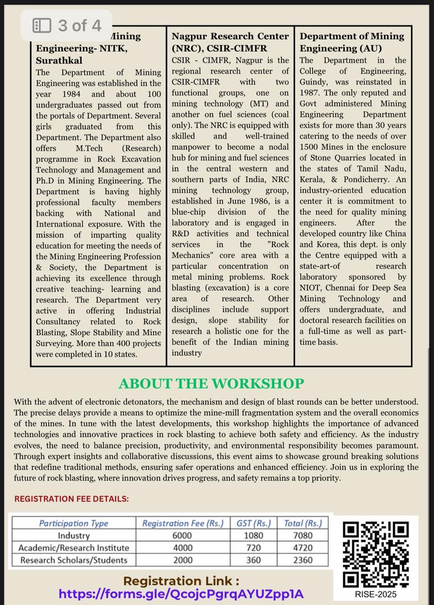 miningnitk's tweet photo. A 2 day National Workshop on ‘Rock blasting Innovations for Safety &amp; Efficiency (RISE-2025)’ on 14th  and 15th  March 2025.  The registration fee includes workshop kit, 2 days lunch and workshop dinner. Contact for any information: Prof. Ram Chandar Karra (Email: krc@nitk.edu.in) https://t.co/6aRMwv0M9a