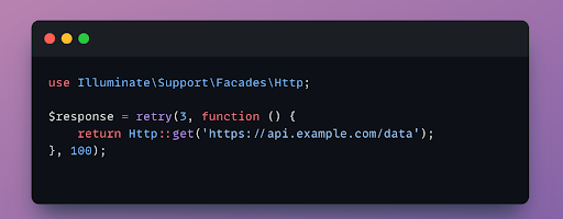 thelarrybarker's tweet image. #Laravel tip:

Use retry() for Resilient API Calls

Sometimes, APIs are temporarily unavailable. Instead of failing immediately, retry() lets you attempt the request multiple times.

Automatically retry a failing HTTP request: