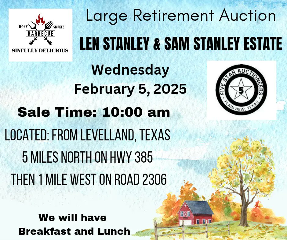 Tx_Holy79035's tweet photo. We will be at the Len Stanley &amp; Sam Stanley Large Retirement Auction.

Sale starts at 10am. 

We will have our Breakfast Burritos and coffee ready at 9am 🌞 ☕️ 

Come spend the day with us! https://t.co/s4bQ6dkzJq