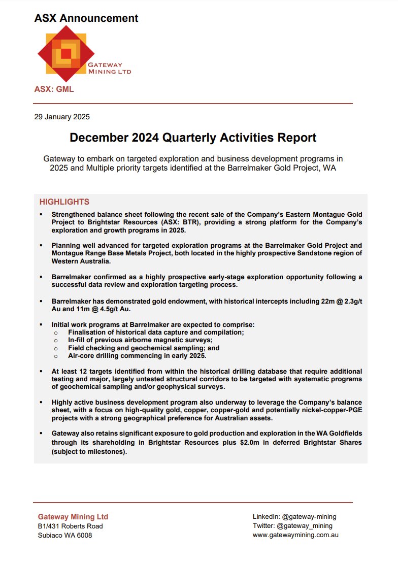 Gateway Mining is pleased to release the December 2024 Quarterly Activities Report. 

Read the full report here: ow.ly/WKyu50UP745

$GML #gold #exploration #WA #ASX