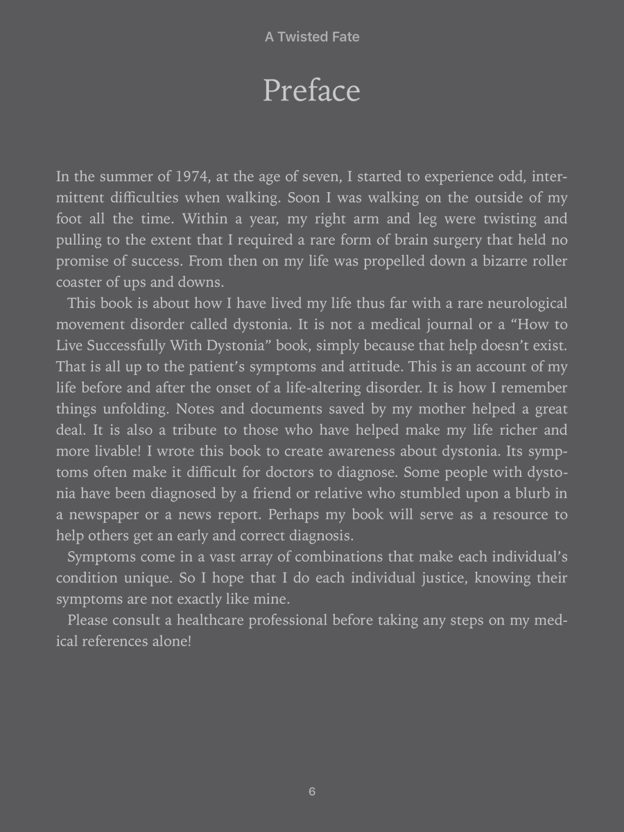 CurreyLewis's tweet photo. A Twisted Fate: My Life with Dystonia has a new, updated website! https://t.co/3TtooCrGrw Check it out and #read my #memoir of the #strangedisease that you should know about. #RareDisease #movementdisorder that can happen to you! It happened to me! #Amazon Excerpt below #twisting https://t.co/Hhgc99aQN6