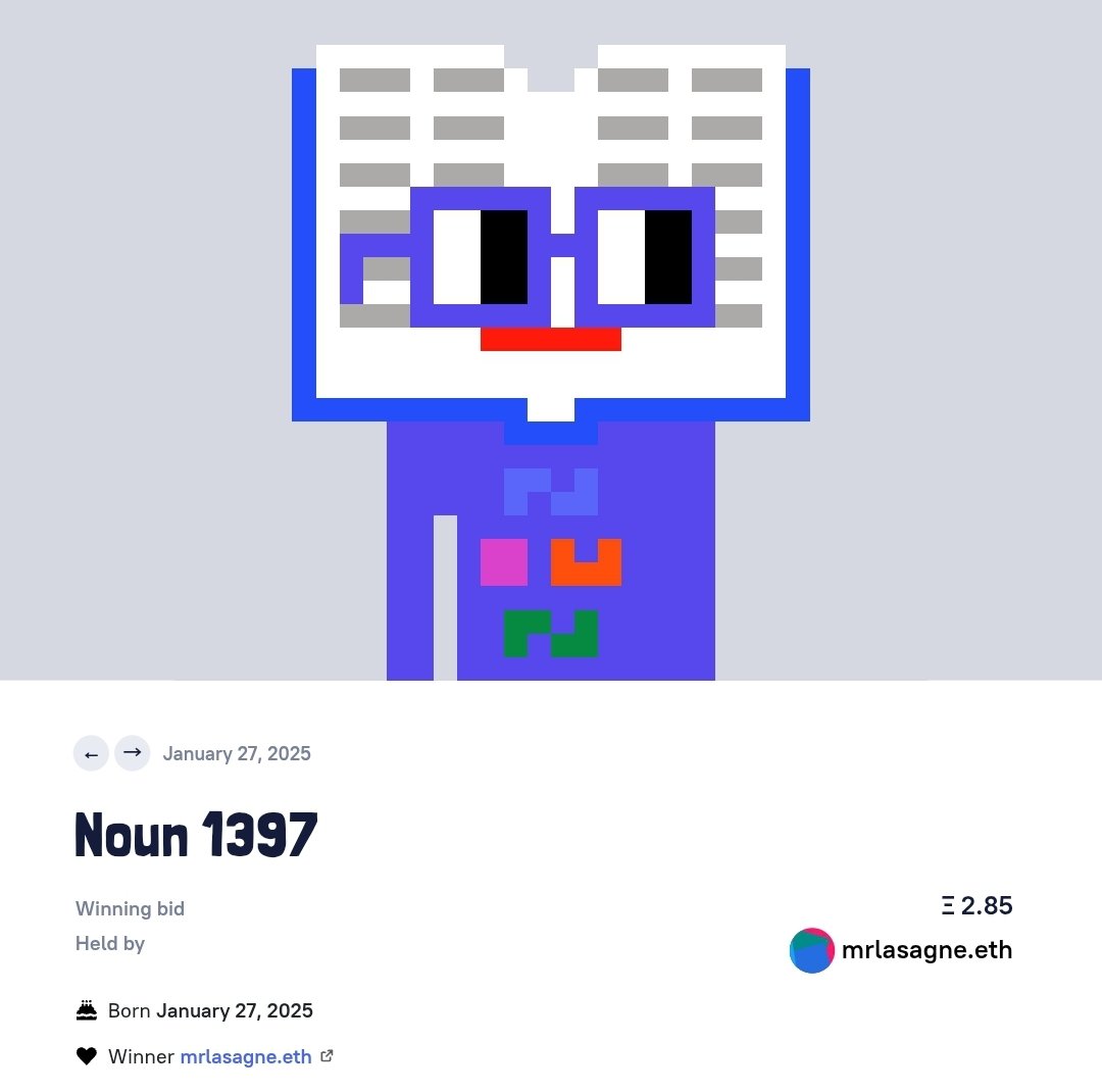 Shoutout to <a href="/xboxlasagne/">lasagne</a>, a Counter-Strike community member who joined <a href="/nounsdao/">Nouns.eth</a> this morning during all of this curfuffle. 

Skin in the game. 📘