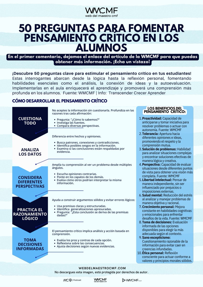 cmf_w's tweet image. 50 #preguntas para #fomentar #Pensamiento #Crítico en los #alumnos. Enlace: webdelmaestrocmf.com/portal/50-preg…