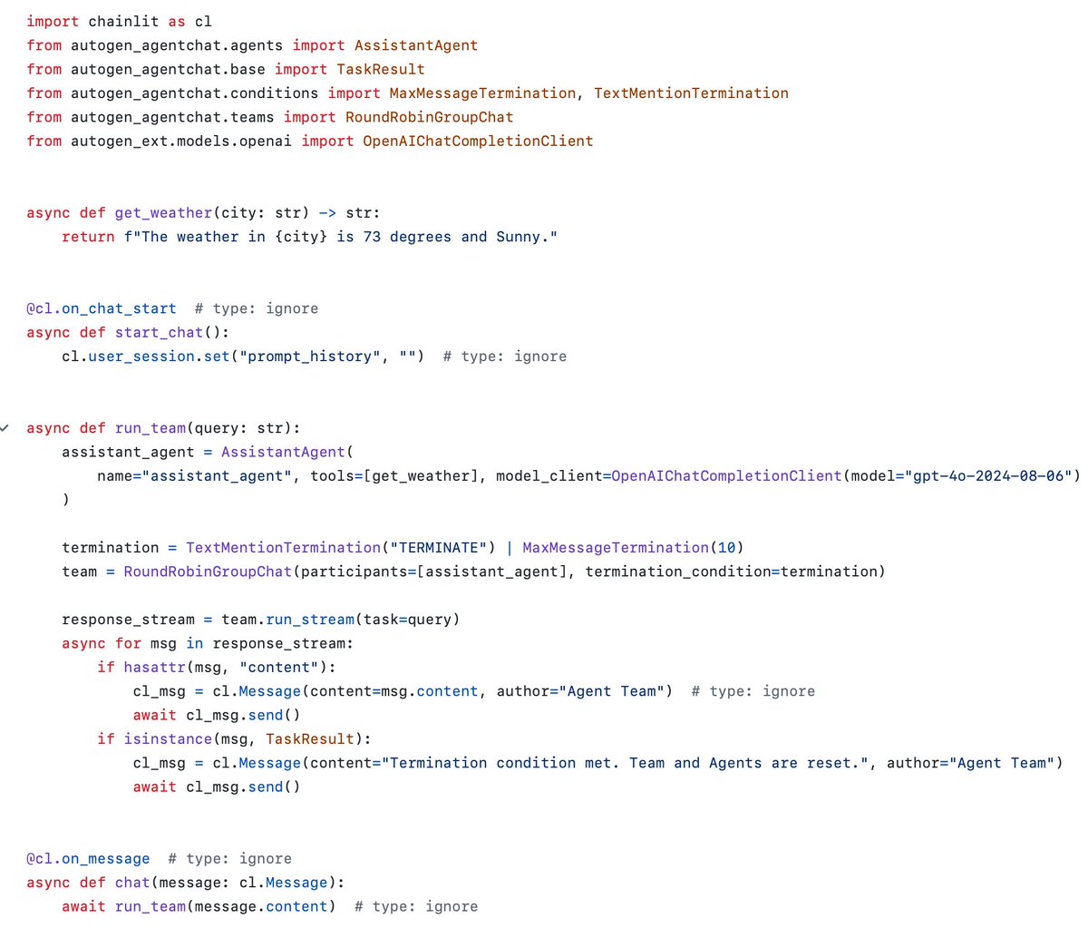 🌻 <a href="/chainlit_io/">Chainlit</a> + AutoGen

Chainlit is an open-source Python package to build chat apps for AI. Here's how you can build a chat app that uses Chainlit for UI and AutoGen for backend.
- Define any AutoGen team
- Send user queries from the UI to the team
- Run the team with the