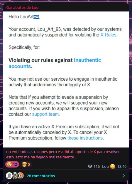 An artist I follow for a long time, LouArt, was recently suspended due to a Twitter bot error " Inauthentic activity" when all he does is post artwork he drew.

For those who commissioned or waiting on art from him, please be patient as he tries to get this resolved. Thank you.