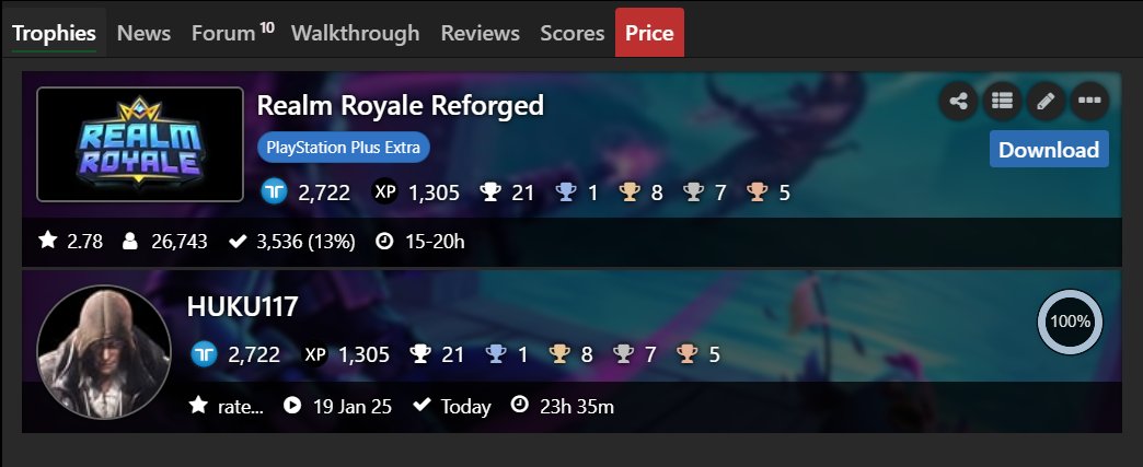 HUKU117's tweet photo. Realm Royale Reforged (PS4) Platinum #285 and 100% Complete
Finished before shutdown. Great and fun battle royale games.
#PlayStationTrophy #PlatinumTrophy #PS4 #PS4Share #RealmRoyaleReforged #HiRezStudios #HeroicLeapGames #Free2Play #BattleRoyale #TPS https://t.co/UnRRO5FpAg