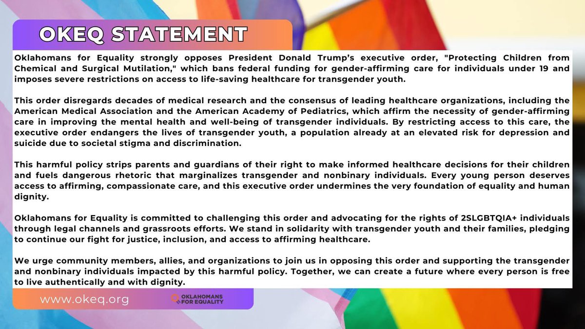 Oklahomans for Equality Condemns Executive Order Restricting Gender-Affirming Care for Youth: