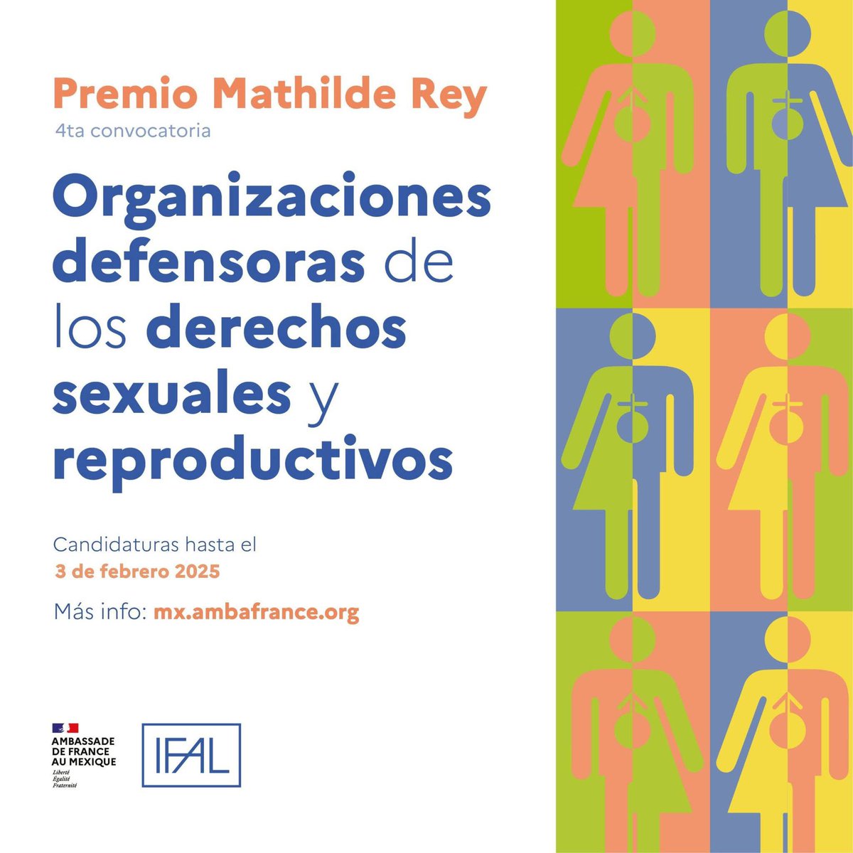 📢⏳ Sigue abierta hasta el 3 de febrero la convocatoria para la 4ª edición del 🇫🇷Premio Mathilde Rey.

🤝 Busca visibilizar y apoyar la labor de org. civiles comprometidas con la promocion y la defensa de los derechos sexuales y reproductivos en 🇲🇽.

ℹ️: urlz.fr/tM5t