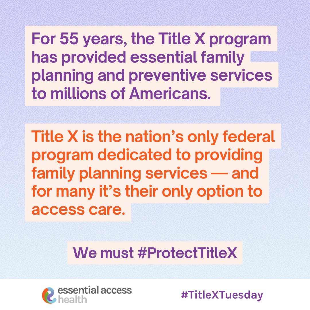 EssnAccessHlth's tweet image. For 55 years, #TitleX has provided essential family planning and preventive services to millions of Americans.

Title X is the nation’s only federal program dedicated to providing family planning services—and for many it’s their only option to access care.

We must #ProtectTitleX
