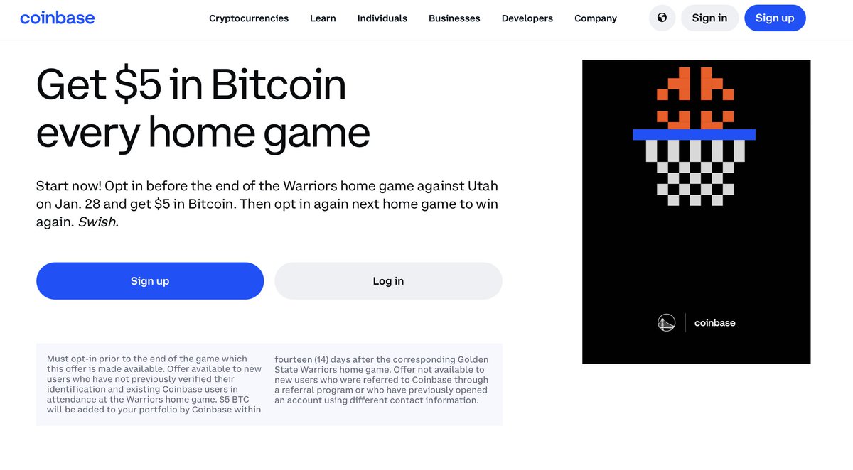 $5 BITCOIN PROMO 🚨 COINBASE 🏀 WARRIORS 👉 WARRIORS HOME WIN = $5 IN  BITCOIN BONUS 🔥: OPT IN BEFORE EVERY GAME LINK ✓: