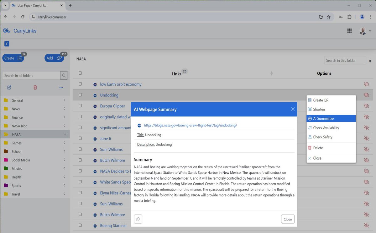 CarrylinksLLC's tweet photo. 🚀 Exciting news! Our bookmark manager just got smarter with the new AI Summarizer.

Get quick, clear summaries of any website in seconds—save time and focus on what matters. Try it now at https://t.co/A4XkuTeymh 🎉

#technology #AI #Bookmark #CarryLinks #news #Trending https://t.co/vCs37gMP33