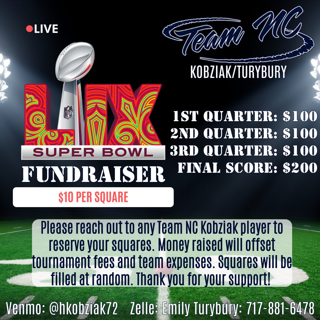 We are running a Super Bowl square fundraiser! If you would like to participate please make sure to add your full name and phone number in the memo of your Venmo or Zelle payment so we can contact the winners! 
Thank you for supporting our players to help them reach their goals!