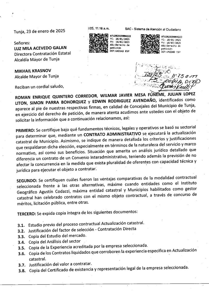 #EnDesarrollo | Este es el documento que han presentado cinco concejales de #Tunja a la Alcaldía Mayor, solicitando información sobre un contrato que estaría rondando los 10 mil millones de pesos, en un convenio administrativo para la renovación catastral del municipio. 
⬇️🧵