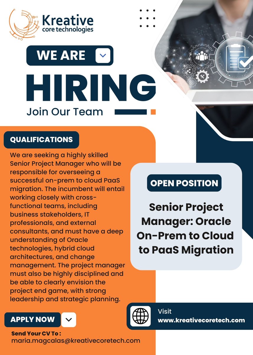 KCTKreativeCore's tweet photo. We are #hiring at #KreativeCoreTech

If you are a Senior Project Manager with a deep understanding of #OracleTechnologies, then you might be who we are looking for.
https://t.co/IHYdrqSCSZ

#KCTTechTalk #KreativeInnovation #OracleOnPrem #PaaSMigration #changemanagement https://t.co/yf9ARNjoCL
