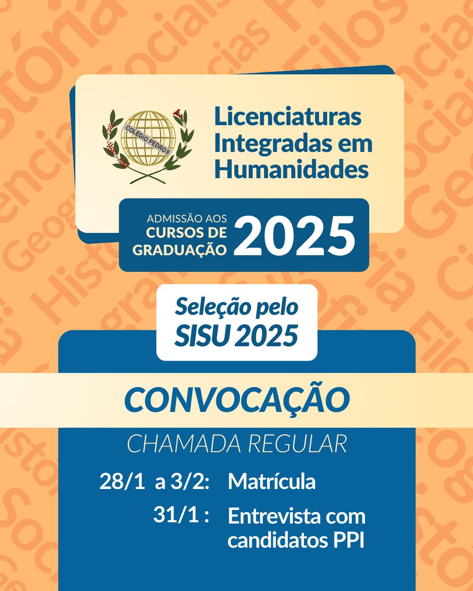 CP2_oficial's tweet photo. 🚨 Candidatos SiSU 2025: confira as convocações e cronograma! 📅
📌 Envio de documentos: 28/01 a 03/02, das 9h às 18h (digital, sem prorrogação!).
🌍 Candidatos PPI devem ir à Comissão de Heteroidentificação em 31/01.
Acesse as chamadas👉 https://t.co/AHAZUDgh2v
#SiSU2025 #CPII https://t.co/Nu8tGt79FB