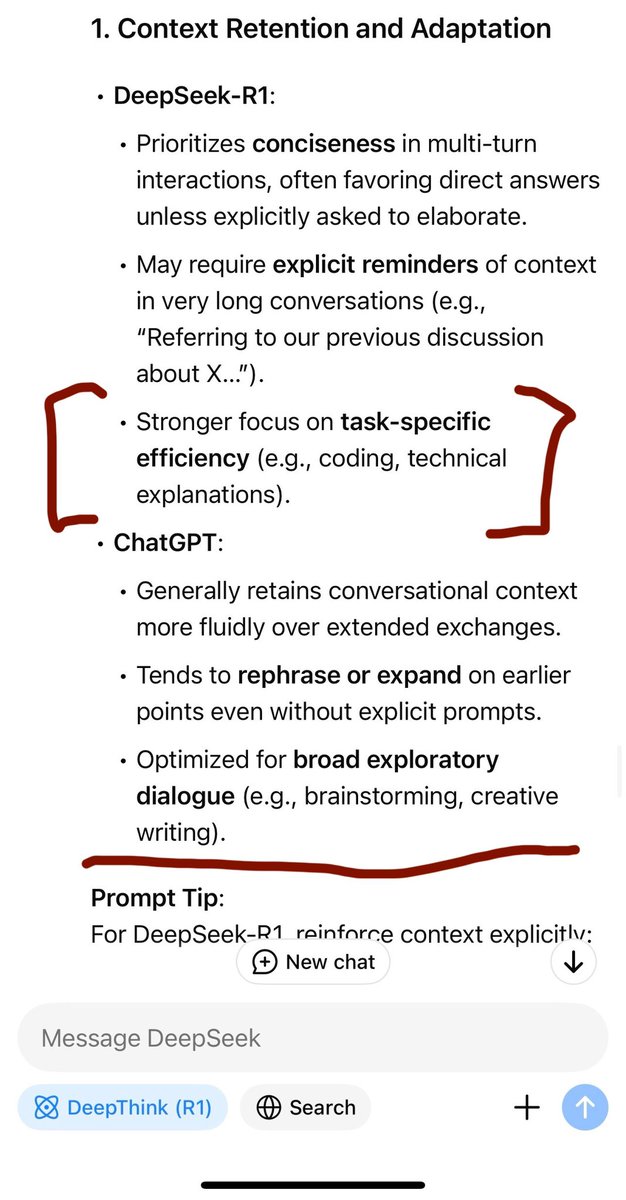 6pasinetti's tweet photo. So I asked #DeepSeek about tips and differences in iterative prompting between DeepSeek and ChatGPT. To me, the answer is also a snapshot of the cultural differences between China and the US. https://t.co/wzeQGfPaAt
