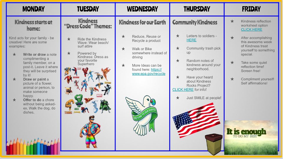 We are celebrating kindness in our 4th annual Great Kindness Challenge! We hope that you are able to participate in our weekly themes. Don’t forget to submit your CHECKLIST entries to the designated teachers sent to you in your course email. Check this out for more details!