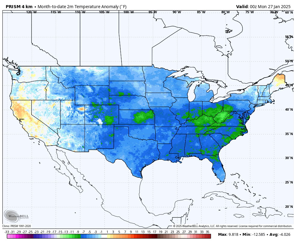 NbergWX's tweet image. January 2025 currently the coldest January since 1988 averaged across all of America. Greatest cold anomaly below average.... West Virginia and Kentucky.