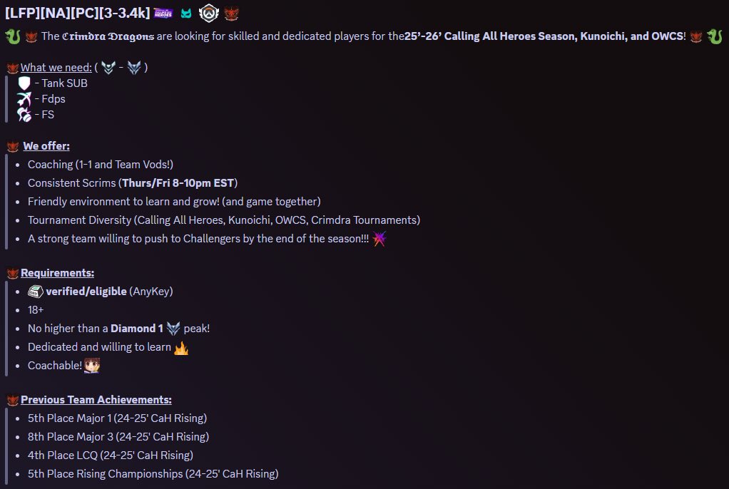 Grrreetings 🦍! The Crimdra Dragons 🐉want YOU to join our roster for the upcoming Calling All Heroes - 25’-26’ Rising, Kunoichi, and OWCS tournaments!

We need MARGINALIZED GENDERS who want to play on our top team under the Crimdra Org! 👑

#Overwatch2 #CaH #OWCS
Read Below! ⬇️