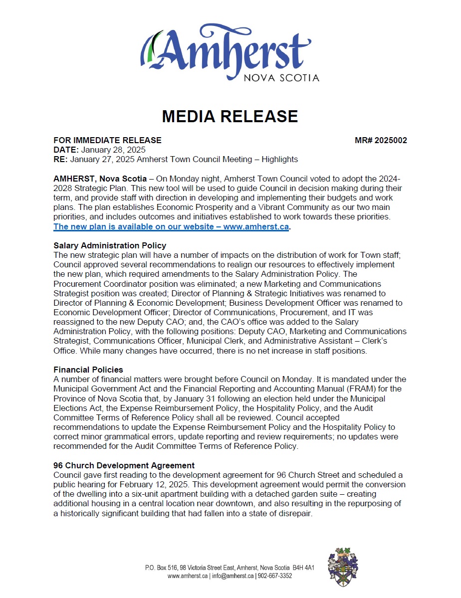 We've just published highlights from last night's Amherst Town Council meeting.
Have a look to learn more about the 2024-2028 Strategic Plan, changes to 2025 meeting dates, and more: amherst.ca/january-27-202…