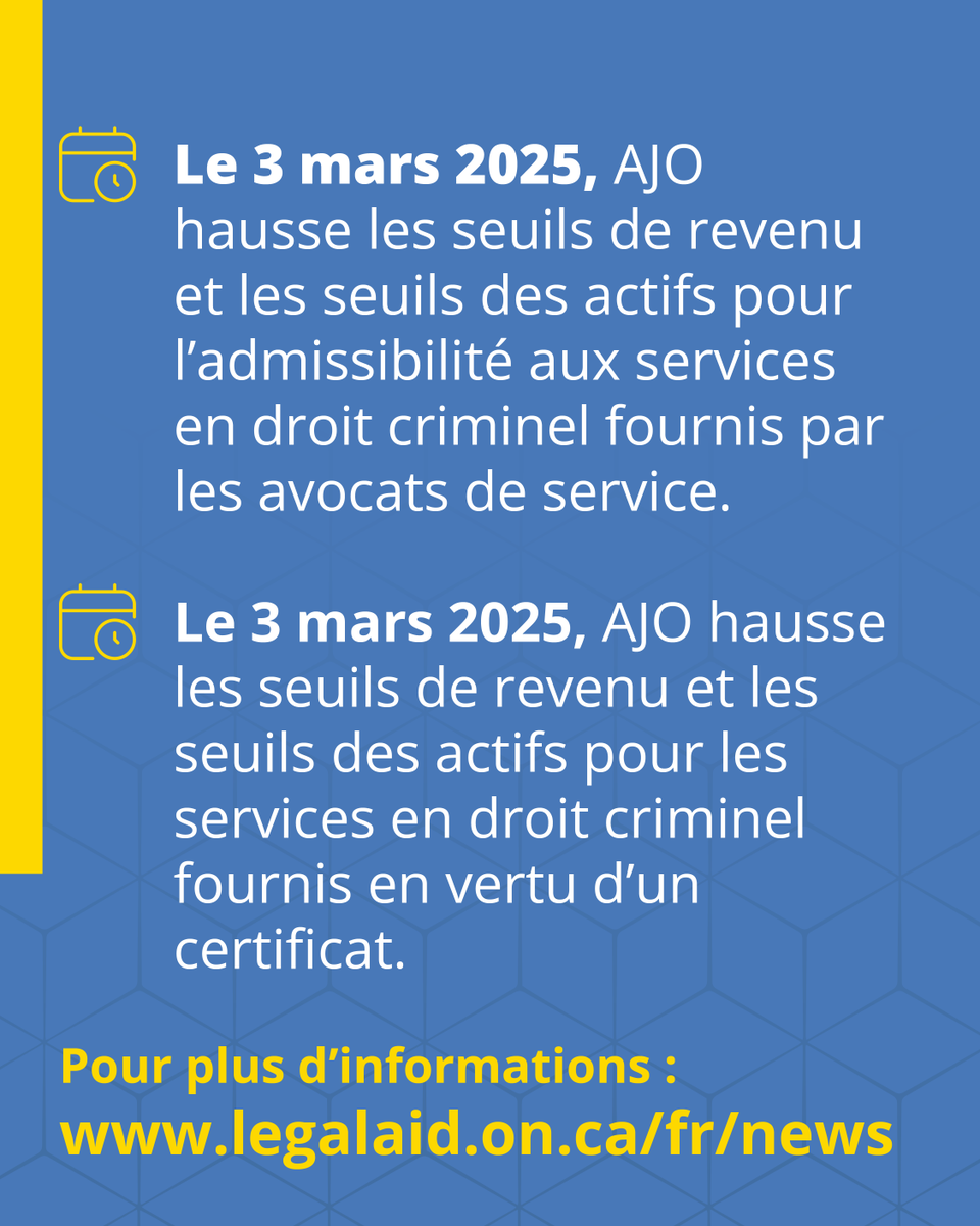 En mars prochain, Aide juridique Ontario (AJO) haussera les seuils d’admissibilité financière pour aider les Ontariennes et Ontariens à faible revenu à accéder aux services d’aide juridique. Pour plus d'informations: legalaid.on.ca/fr/news/aide-j…