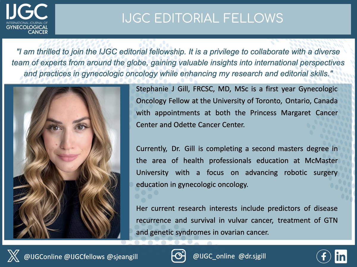 IJGC (@ijgconline) on Twitter photo Thrilled to welcome Stephanie Gill <a href="/stephjeangill/">Dr. Stephanie Gill</a>, a 1st-year Gynecologic Oncology Fellow at the University of #Toronto, as an #EditorialFellow for #IJGC! 🙌🤩🎉 Excited for her contributions!
<a href="/pedroramirezMD/">Pedro T Ramirez</a> <a href="/HsuMd/">Arthur_HC_Hsu</a> <a href="/JayrajAarthi/">Aarthi S Jayraj</a> <a href="/AndreFernandes2/">Andreina Fernandes</a> <a href="/IGCSociety/">IGCS</a> <a href="/ESGO_society/">ESGO</a> Thrilled to welcome Stephanie Gill <a href="/stephjeangill/">Dr. Stephanie Gill</a>, a 1st-year Gynecologic Oncology Fellow at the University of #Toronto, as an #EditorialFellow for #IJGC! 🙌🤩🎉 Excited for her contributions!
<a href="/pedroramirezMD/">Pedro T Ramirez</a> <a href="/HsuMd/">Arthur_HC_Hsu</a> <a href="/JayrajAarthi/">Aarthi S Jayraj</a> <a href="/AndreFernandes2/">Andreina Fernandes</a> <a href="/IGCSociety/">IGCS</a> <a href="/ESGO_society/">ESGO</a>