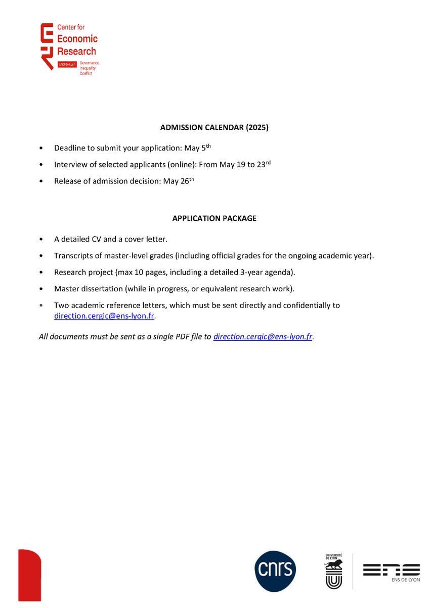 Mathieu Couttenier (@matcoutt) on Twitter photo If you want to do a PhD at the Center for Economic Research on Governance, Inequality, and Conflict at ENS de Lyon, apply! If you want to do a PhD at the Center for Economic Research on Governance, Inequality, and Conflict at ENS de Lyon, apply!
