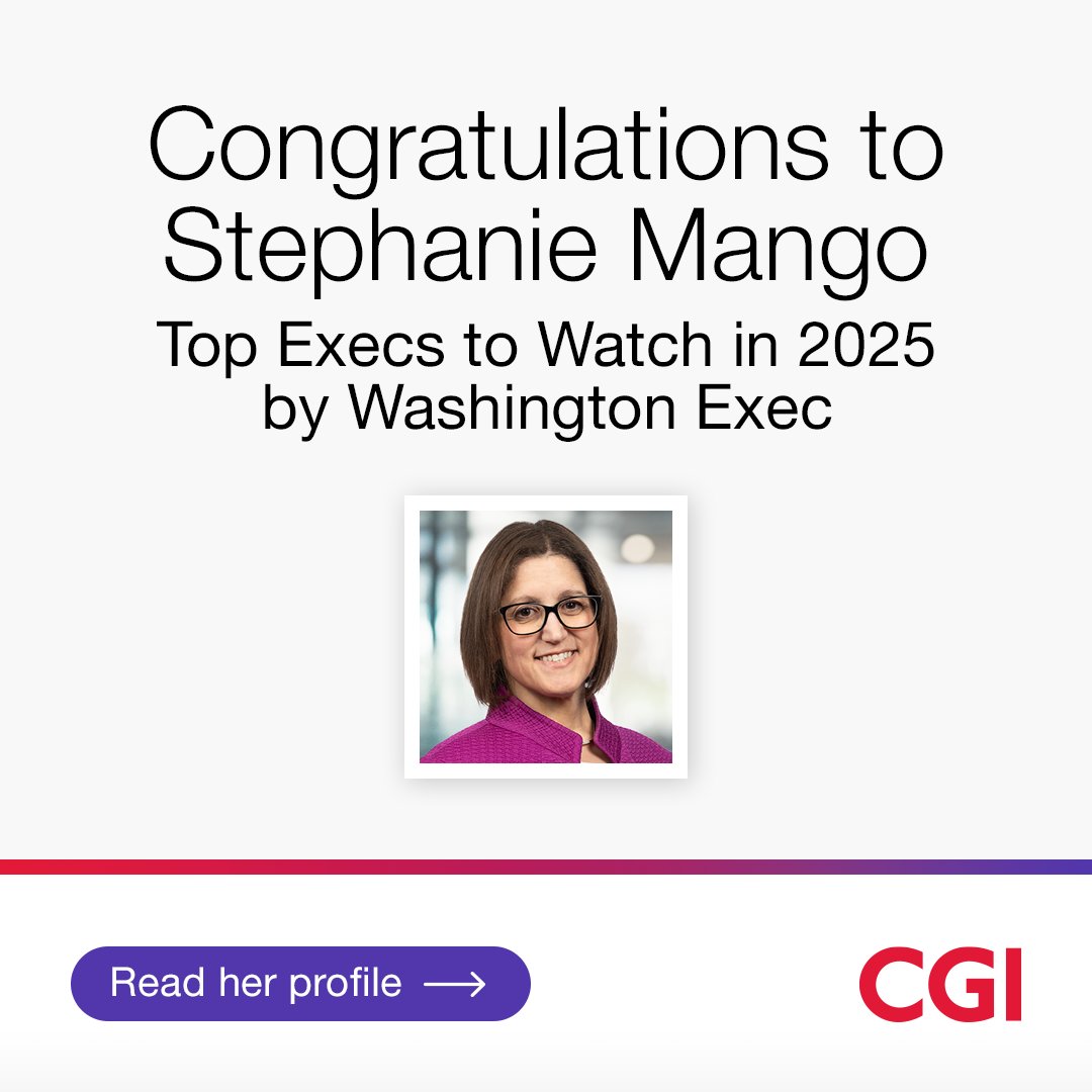 CGI’s Stephanie Mango is a Top Exec to Watch in @WashingtonExec. 

Under her leadership, CGI leverages emerging technologies like #AI to increase innovation and efficiency at federal agencies.

Read more here 👉 bit.ly/3PULbOQ 👈

#WeAreCGI #ITLeaders #FederalIT
