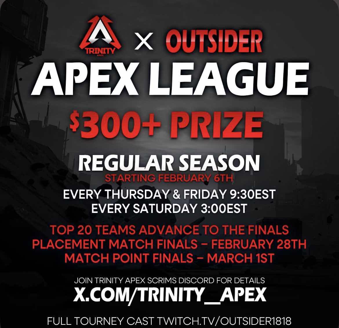 Outsider1818's tweet image. Just about a week away from the madness! Get into @Trinity__Apex discord for all info! #apex
