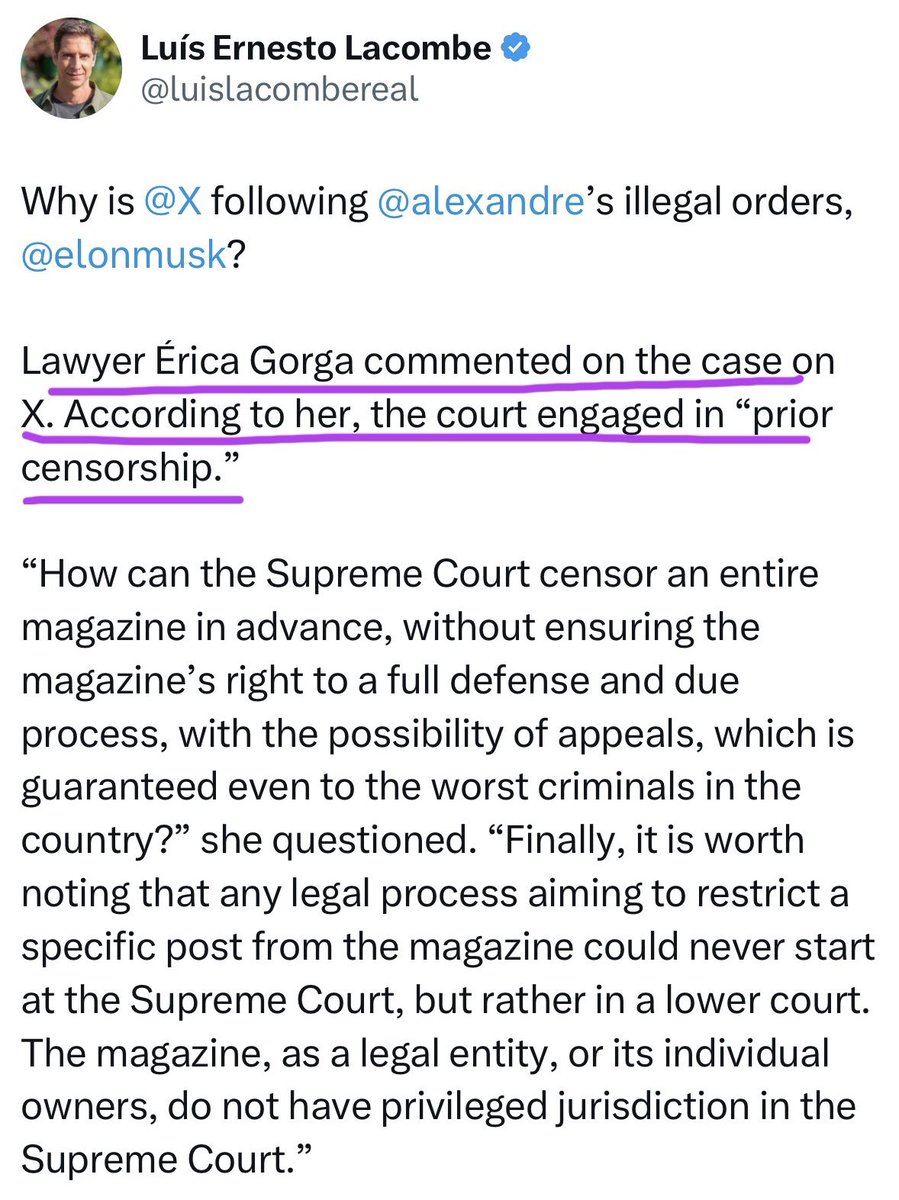 Pela nossa Liberdade de Expressão, ajudem👇

Dear Mr. Elon Musk <a href="/elonmusk/">Elon Musk</a> , <a href="/X/">X</a> 

I am a Professor of Law - and lawyer - who has visited, lectured, taught and researched in some of the best U.S. Law Schools (including Yale, Stanford, UTexas, Cornell, Vanderbilt, and others). I