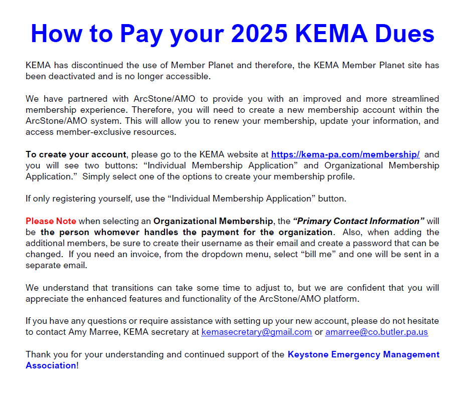 KeystoneEMA's tweet image. In 2025, KEMA transitioned to a new membership system, deactivating MemberPlanet. All members are required to create a new account moving forward. For more details, visit: kema-pa.com/membership/