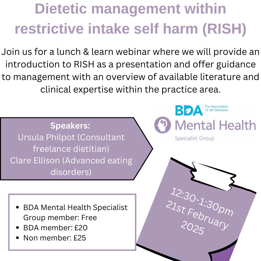 We're delighted to announce our first webinar of 2025 with two fantastic speakers and a highly requested topic. Dietetic management within restrictive intake self harm (RISH). Free for all of our MHSG members. Sign up here: eventbrite.co.uk/e/dietetic-man…