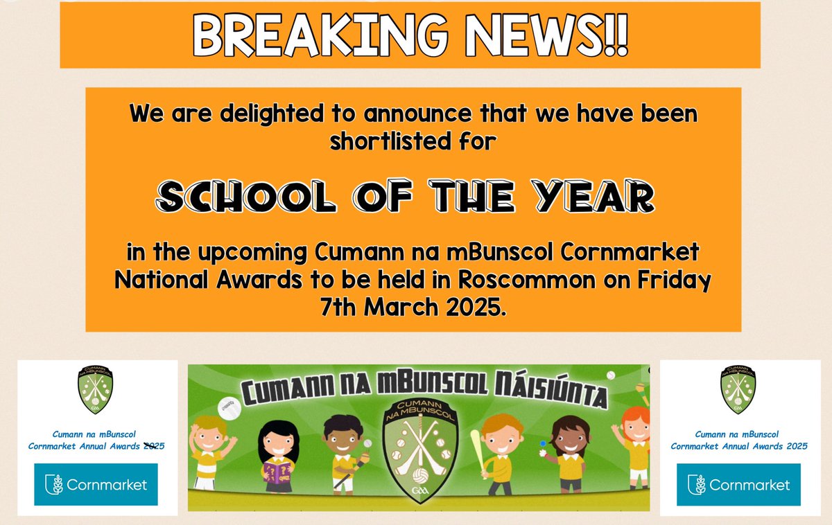 Breaking News … we are delighted to be shortlisted as this recognises the work that we do in promoting Gaelic Games and Culture <a href="/AllianzIreland/">Allianz Ireland</a> <a href="/Armagh_GAA/">Armagh_GAA</a> <a href="/officialgaa/">The GAA</a> <a href="/cnambnaisiunta/">Cumann na mBunscol</a>