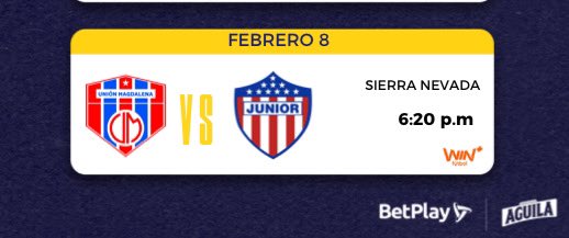 El único y verdadero Clásico Costeño ya tiene programación definida.

🏆LIGA BETPLAY DIMAYOR 2025-I/FECHA 3
⚽️UNIÓN MAGDALENA 🆚 Junior 
🏟️Sierra Nevada 
📅Febrero 8 (sábado)
⏰6:20 p.m. 
📺WIN+