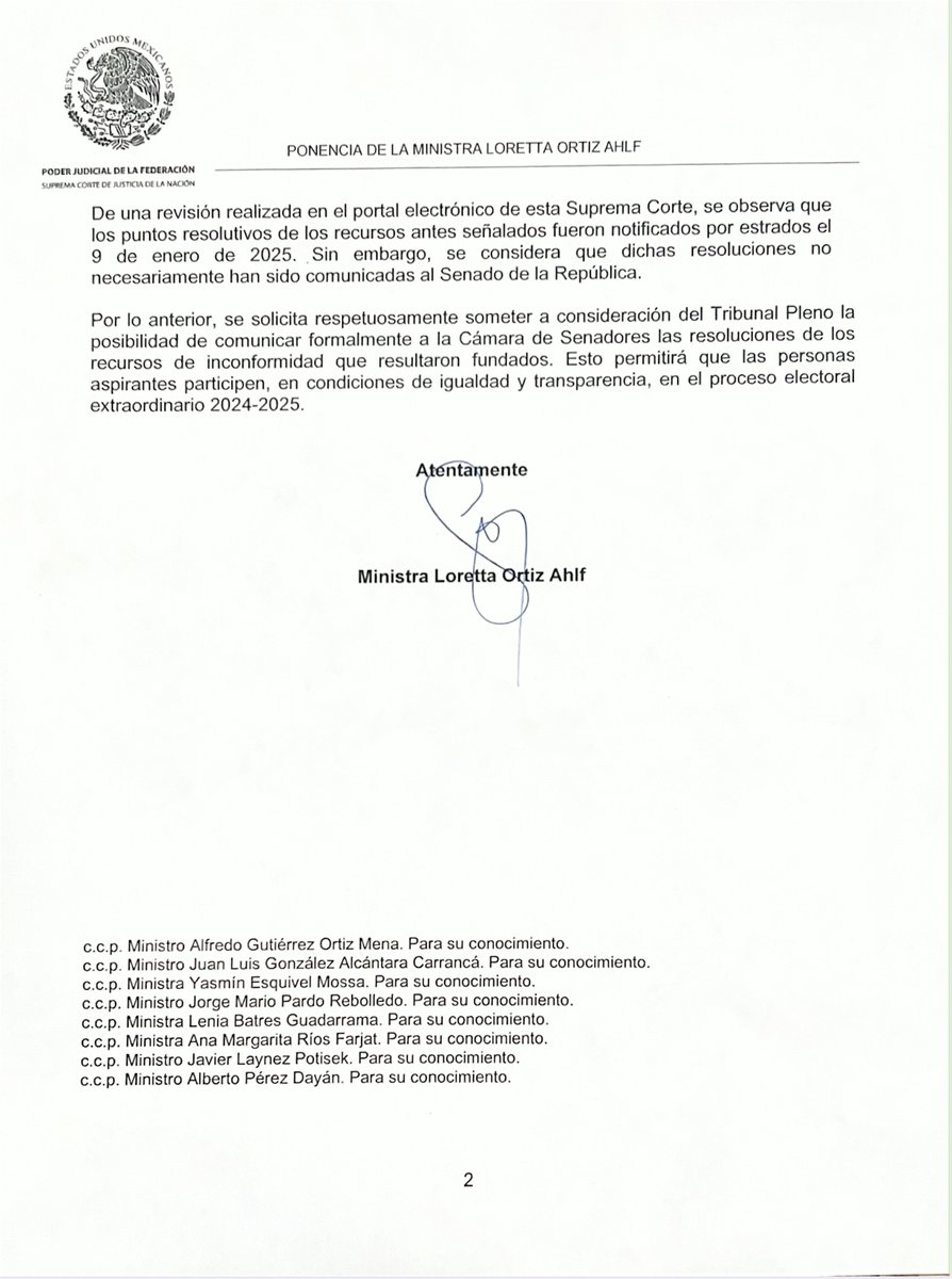 lorettaortiza's tweet photo. El pasado 9 de enero, en la @SCJN, revocamos decisiones del Comité de Evaluación del Poder Judicial que excluían de manera injusta a aspirantes a cargos jurisdiccionales electorales, basándose en argumentos incorrectos.

Hoy solicité a la Presidencia de la Corte actuar con urgencia para garantizar que las y los aspirantes sean incluidos en la insaculación ordenada por la Sala Superior del @TEPJF_informa. De no hacerlo, el trámite ordinario de engrose de sentencias podría generar un daño irreparable.

A las y los aspirantes: tienen en mí una aliada en esta Corte para defender su derecho a participar en igualdad de condiciones. A la ciudadanía: reafirmo mi compromiso con la justicia, el mandato constitucional de este Alto Tribunal y el éxito de la #ReformaJudicial.