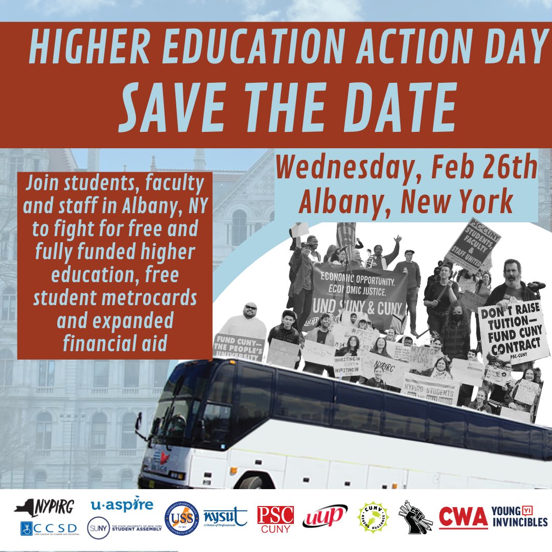CUNYRising's tweet image. Join us on Wednesday, February 26th in Albany as we advocate for free and fully funded #CUNY and #SUNY. 

Register here: tinyurl.com/HEAD2025

#HEAD2025 #HigherEdActionDay #FullyFundCUNY #FullyFundSUNY