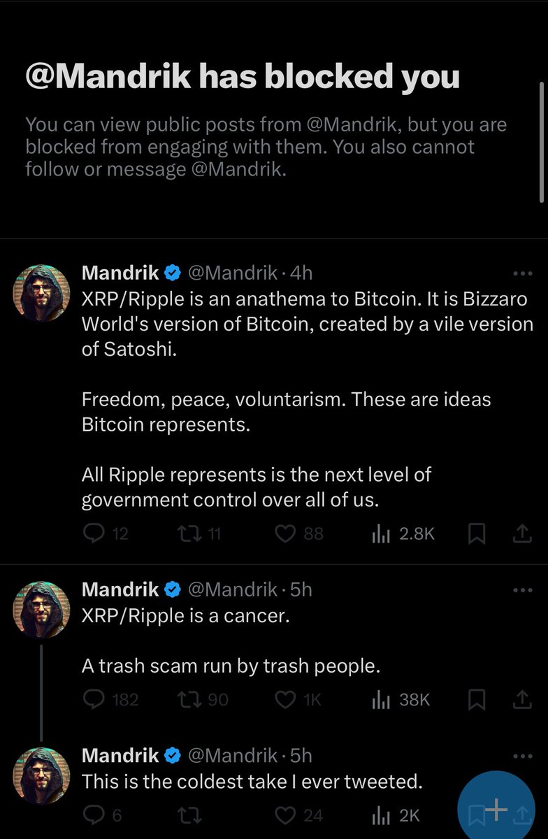 cyrus77x's tweet photo. @Mandrik is a cancer to the crypto world as most of the Bitcoin Maxis. They put their self interest above all else. Block these individuals and don’t let their filth cloud progress! XRP is here to STAY!  #XRP https://t.co/H95VzJPXhH