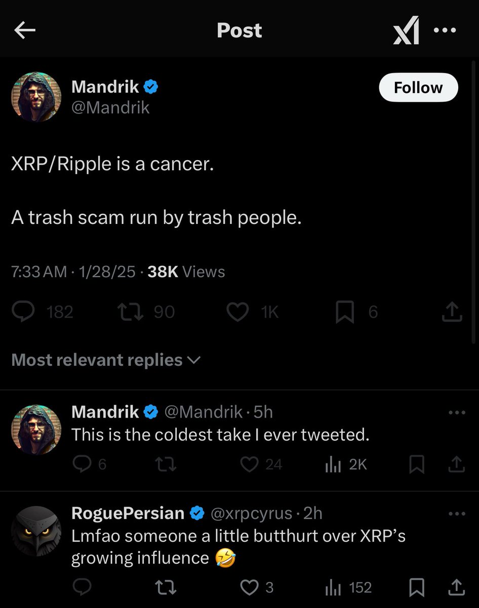 cyrus77x's tweet photo. @Mandrik is a cancer to the crypto world as most of the Bitcoin Maxis. They put their self interest above all else. Block these individuals and don’t let their filth cloud progress! XRP is here to STAY!  #XRP https://t.co/H95VzJPXhH