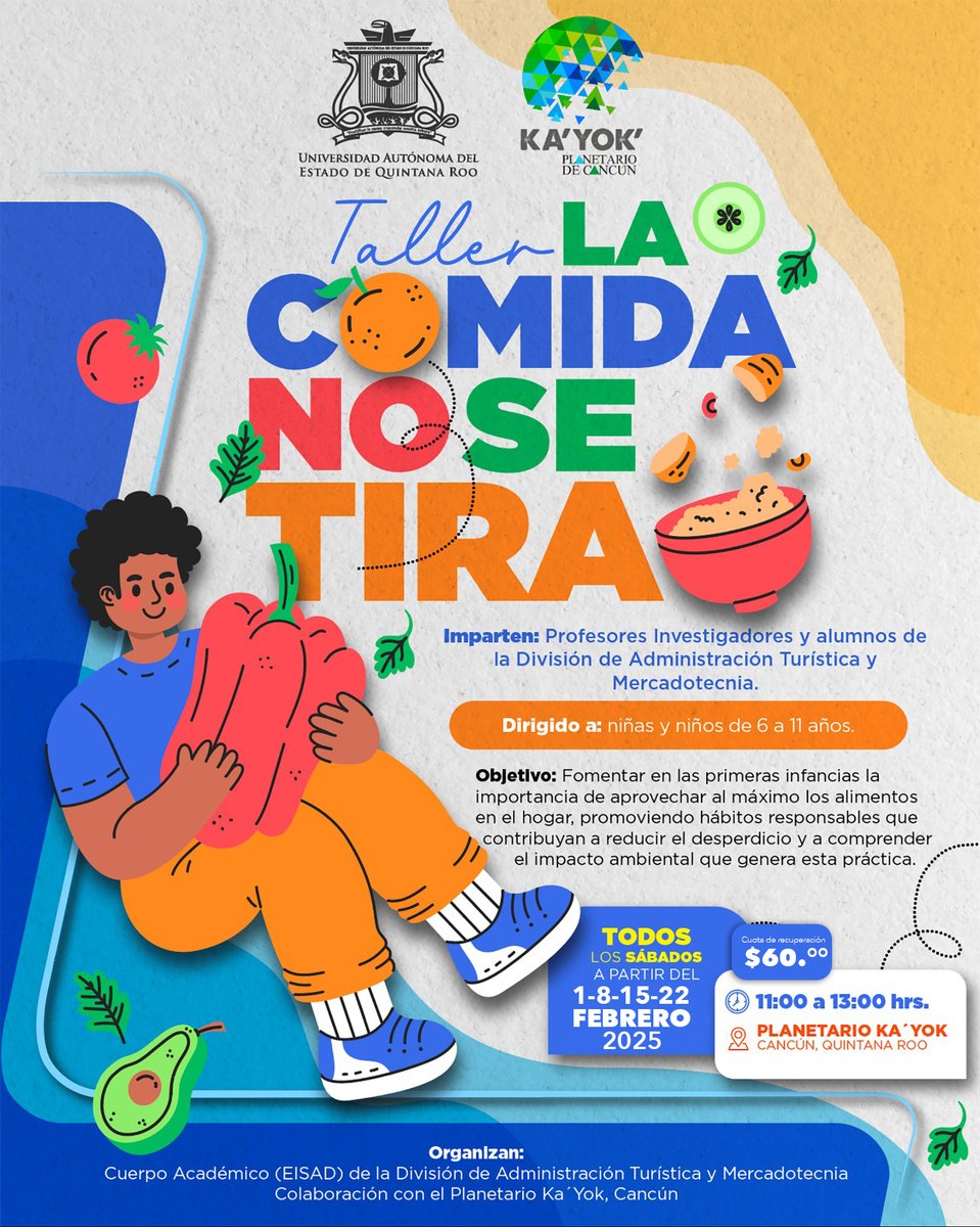 Ka'Yok' Planetario de Cancún (@planetariocun) on Twitter photo #Taller + #Charla
LA COMIDA NO SE TIRA- Cada sesión distinta. Fomentamos <a href="/UQROOCancun/">UQROO Cancún</a> estilos de vida saludables y conscientes. Sábados: 1°,8,15,22 Feb + 1 Mzo. || Infantes 6-11 años. || 11 am a 1 pm
<a href="/Love_Cancun/">1 m3 x el Planeta por Love Cancún</a> <a href="/VivoEnCancun/">Vivo en Cancún 🏖️</a> <a href="/PorqueAmoCancun/">🏝 Porque yo amo a Cancún y sus alrededores 🏝</a> <a href="/nutriologaRBK/">Nutrióloga Rebeka</a> <a href="/CNutricionQRoo/">ColegioNutriciónQRoo</a> #Taller + #Charla
LA COMIDA NO SE TIRA- Cada sesión distinta. Fomentamos <a href="/UQROOCancun/">UQROO Cancún</a> estilos de vida saludables y conscientes. Sábados: 1°,8,15,22 Feb + 1 Mzo. || Infantes 6-11 años. || 11 am a 1 pm
<a href="/Love_Cancun/">1 m3 x el Planeta por Love Cancún</a> <a href="/VivoEnCancun/">Vivo en Cancún 🏖️</a> <a href="/PorqueAmoCancun/">🏝 Porque yo amo a Cancún y sus alrededores 🏝</a> <a href="/nutriologaRBK/">Nutrióloga Rebeka</a> <a href="/CNutricionQRoo/">ColegioNutriciónQRoo</a>