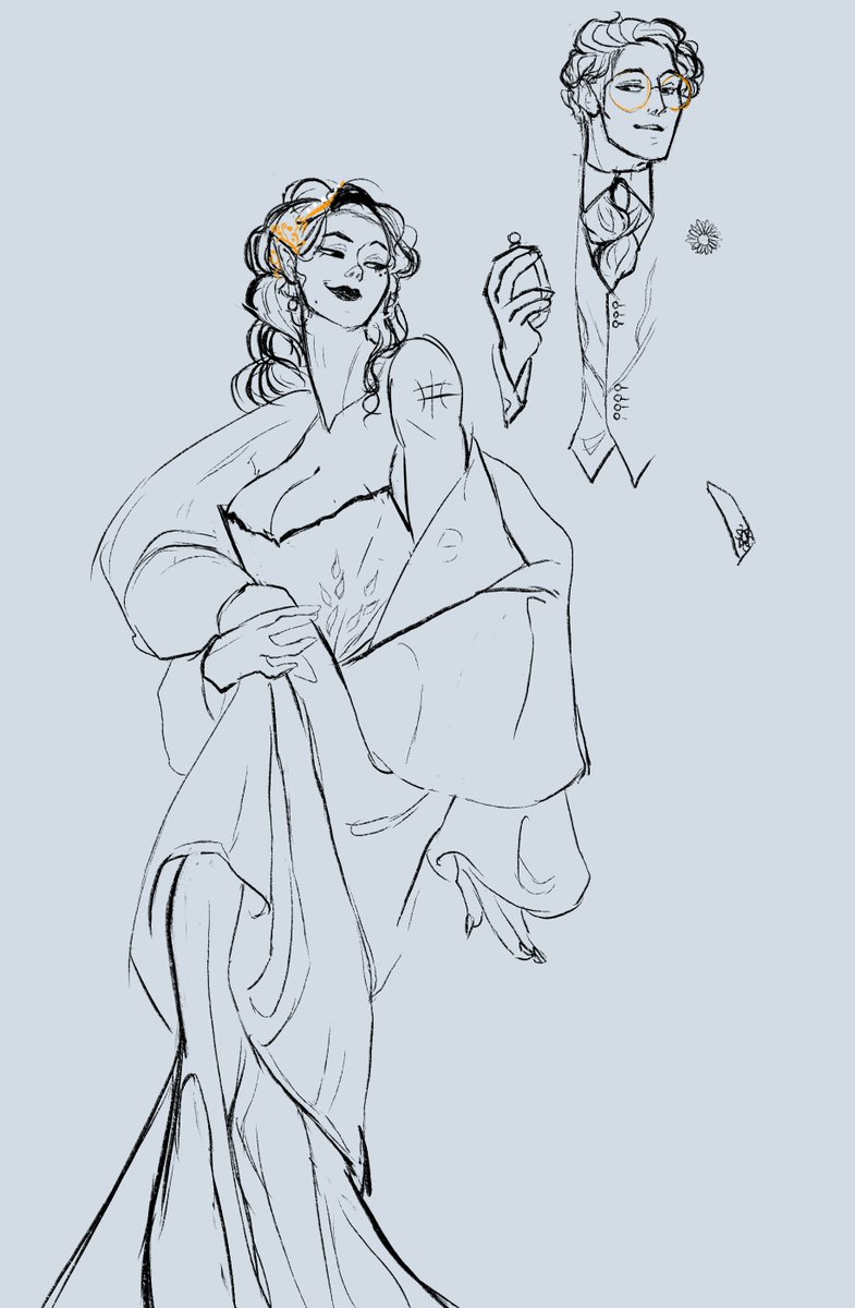 Crithaus's tweet photo. giving percy lips feel so unnatural but whatever, i'll live, anyway its time for another study baybeeeee #criticalrole #criticalrolefanart #percahlia btdubs percys got a sunflower on his lapel because he's a slice short of a ham roast and he loves his cool champion wife https://t.co/AoNGjQmSFC